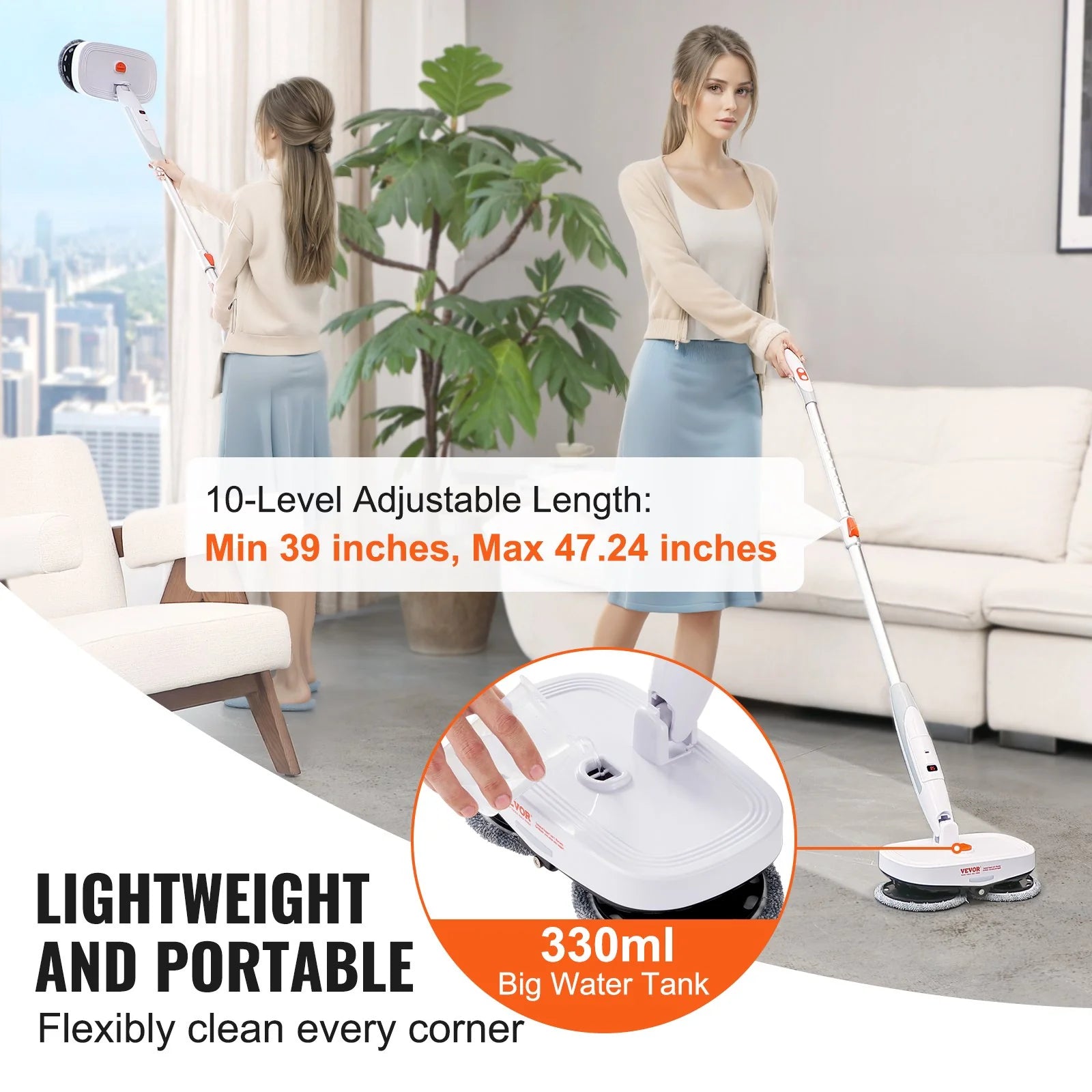 VEVOR Cordless Electric Mop, Electric Spin Mop with Water Tank, up to 40 Mins Battery, LED Headlight, Dual Mop Heads, 4 Microfiber Pads & 4 Trapezoid Microfiber Pads, for Hardwood/Tile Floor Cleaning