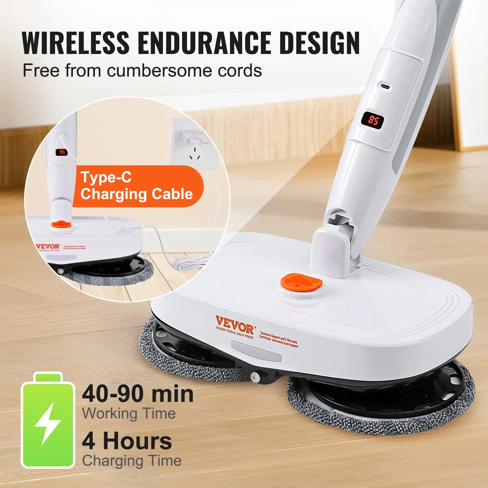 VEVOR Cordless Electric Mop, Electric Spin Mop with Water Tank, up to 40 Mins Battery, LED Headlight, Dual Mop Heads, 4 Microfiber Pads & 4 Trapezoid Microfiber Pads, for Hardwood/Tile Floor Cleaning