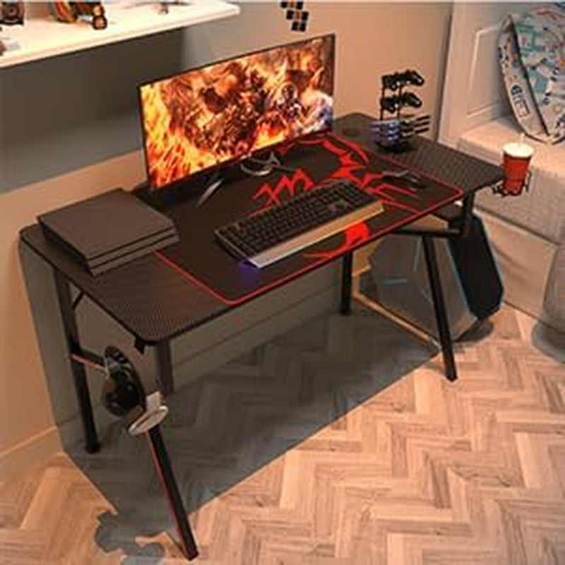 Gaming Desk 47 Inch, K Shaped Home Office PC Computer Desk Table for Gamer with Cable Management, Game Controller Stand, Cup Holder, Headphone Hook, Free Mouse Pad, Carbon Fiber Black