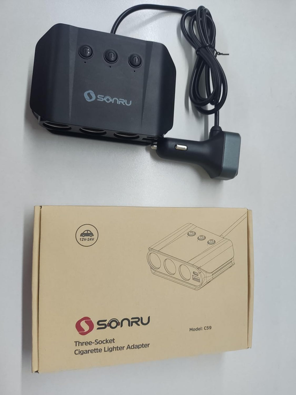 7 in 1 Cigarette Lighter Splitter,  180W (Max 192W) 3-Socket Car Cigarette Lighter Adapter with Dual PD 36W/QC3.0 Fast Charging (3.7FT Cable) 12V/24V Independent Switches & LED Voltage Display