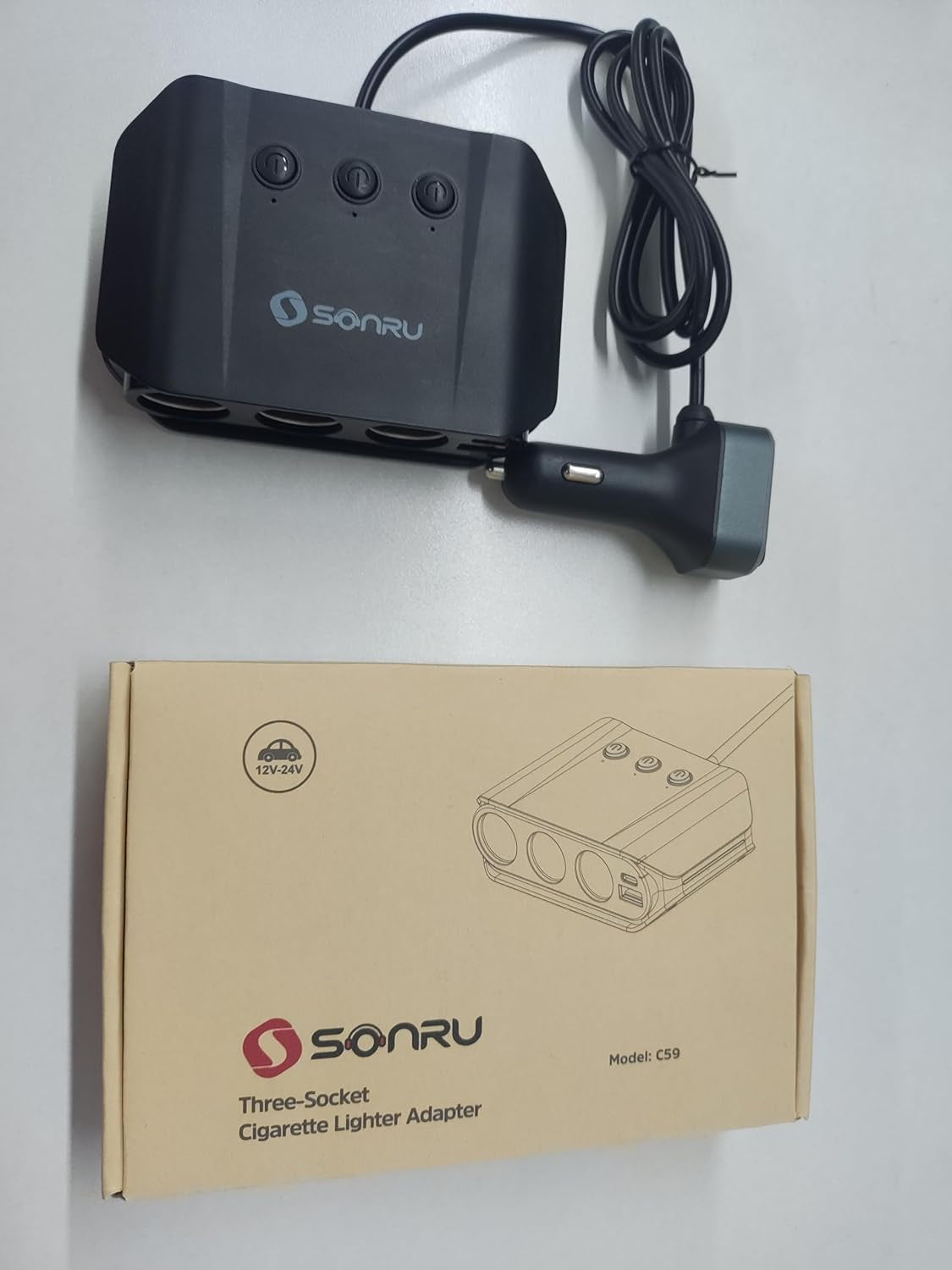 7 in 1 Cigarette Lighter Splitter,  180W (Max 192W) 3-Socket Car Cigarette Lighter Adapter with Dual PD 36W/QC3.0 Fast Charging (3.7FT Cable) 12V/24V Independent Switches & LED Voltage Display