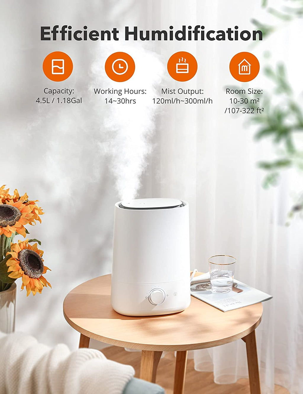 Humidifiers for Bedroom Large Room, 4.5L Cool Mist Humidifiers & Essential Oils Diffuser, Easy to Clean, Auto Shut-Off, Quiet Ultrasonic Top Fill Air Humidifier for Plant, Large Room, Home, White