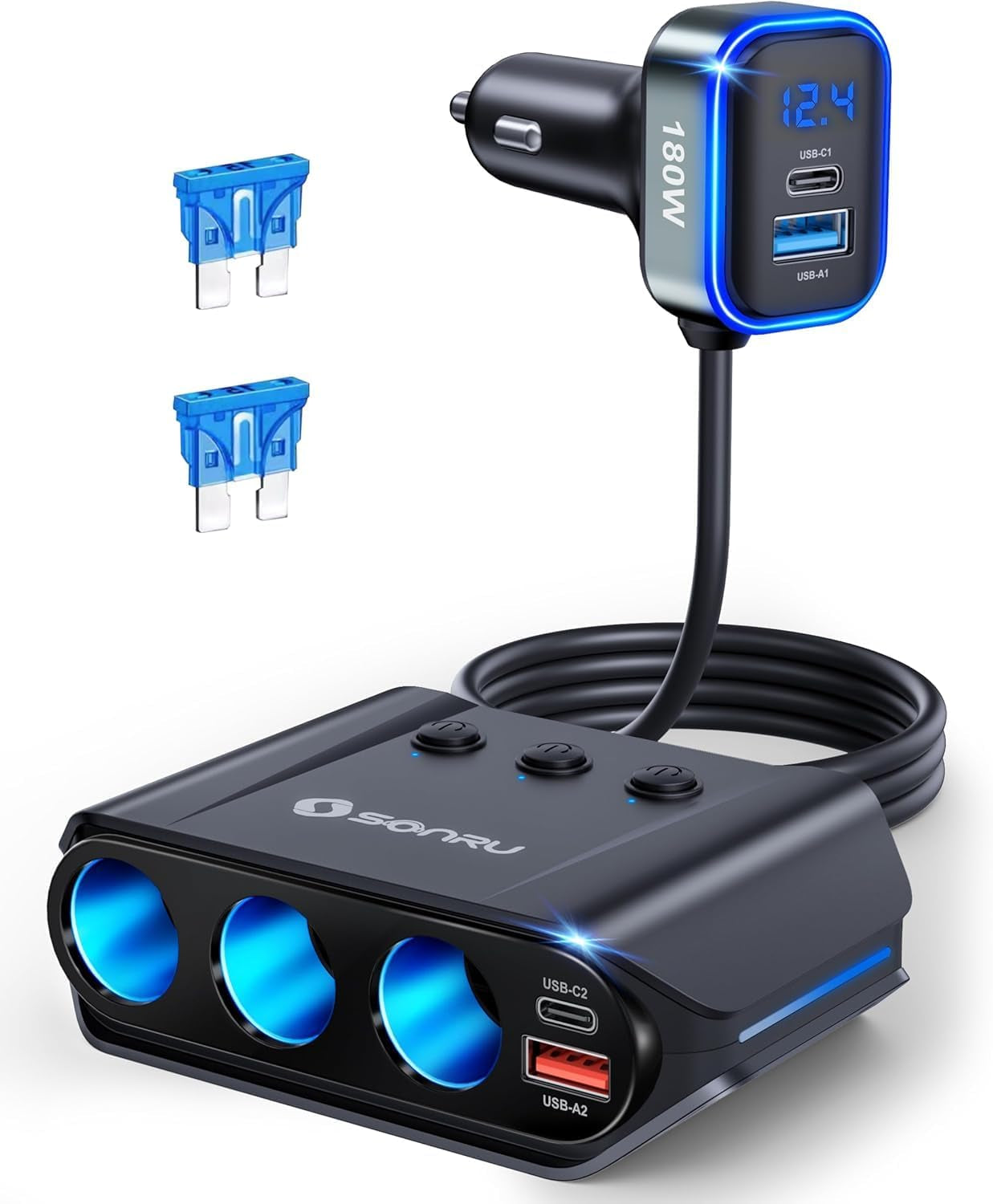 7 in 1 Cigarette Lighter Splitter,  180W (Max 192W) 3-Socket Car Cigarette Lighter Adapter with Dual PD 36W/QC3.0 Fast Charging (3.7FT Cable) 12V/24V Independent Switches & LED Voltage Display